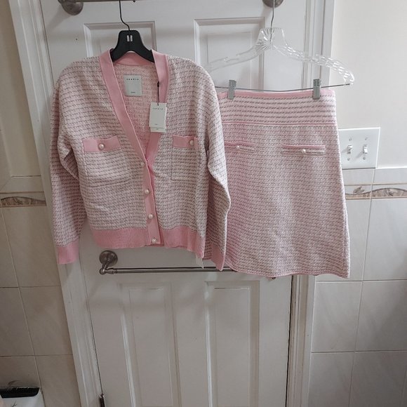 Sandro Pink Check Pearl Cardigan Skirt Set - Picture 1 of 13